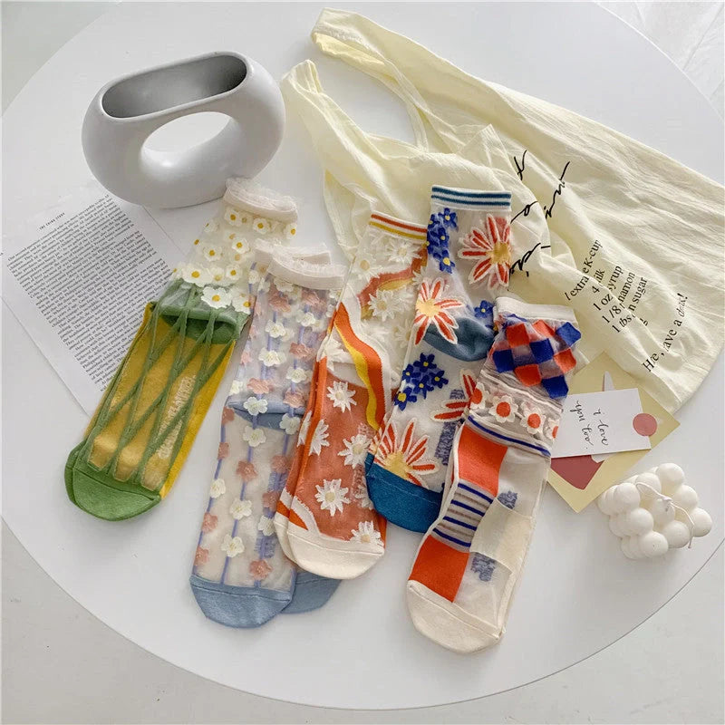 Vibrant Japanese Retro Personality Breathable Glass Silk Socks in various colours
