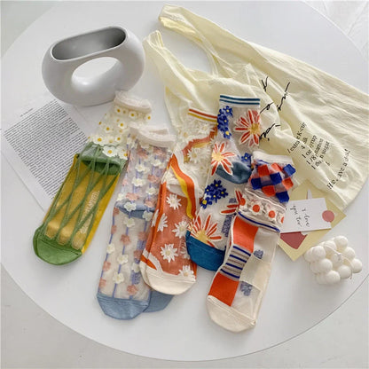 Vibrant Japanese Retro Personality Breathable Glass Silk Socks in various colours