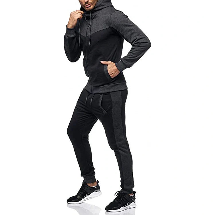 Men's hooded colour block casual cardigan set in various colours and sizes