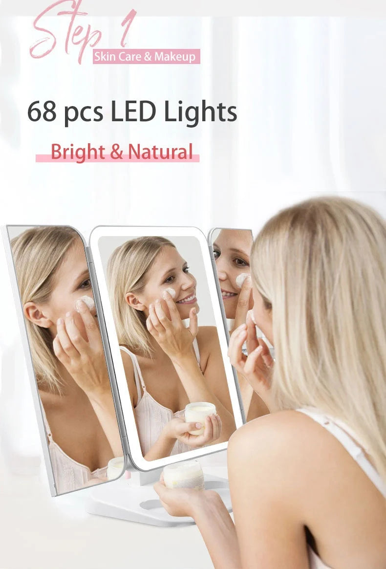 Trifold makeup mirror with LED lighting and 10X magnification