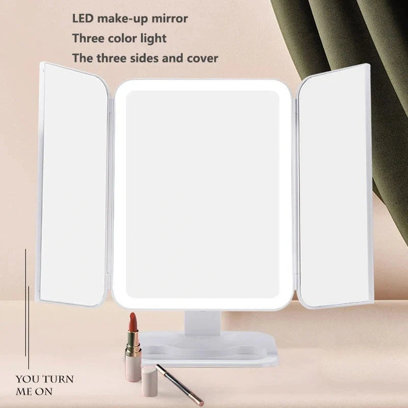 Trifold makeup mirror with LED lighting and 10X magnification