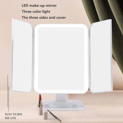 Trifold makeup mirror with LED lighting and 10X magnification