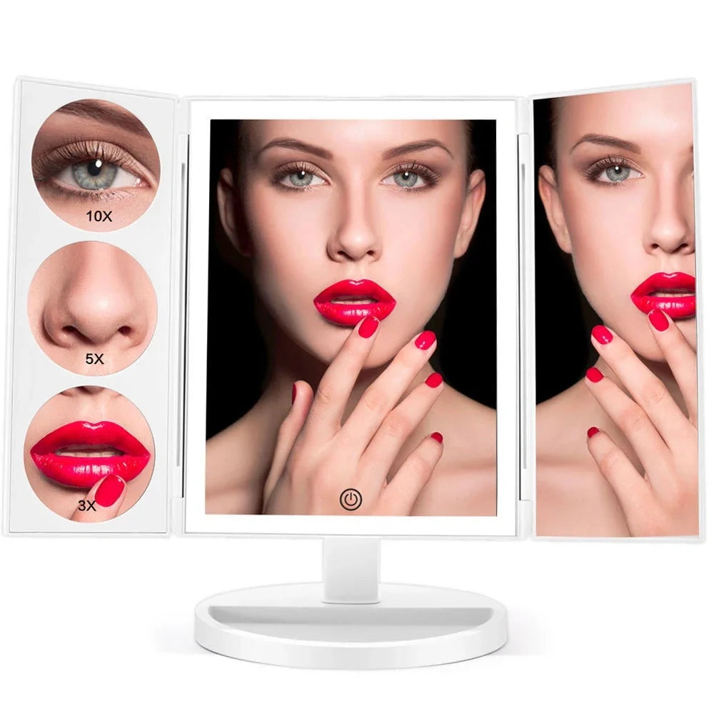 Trifold makeup mirror with LED lighting and 10X magnification