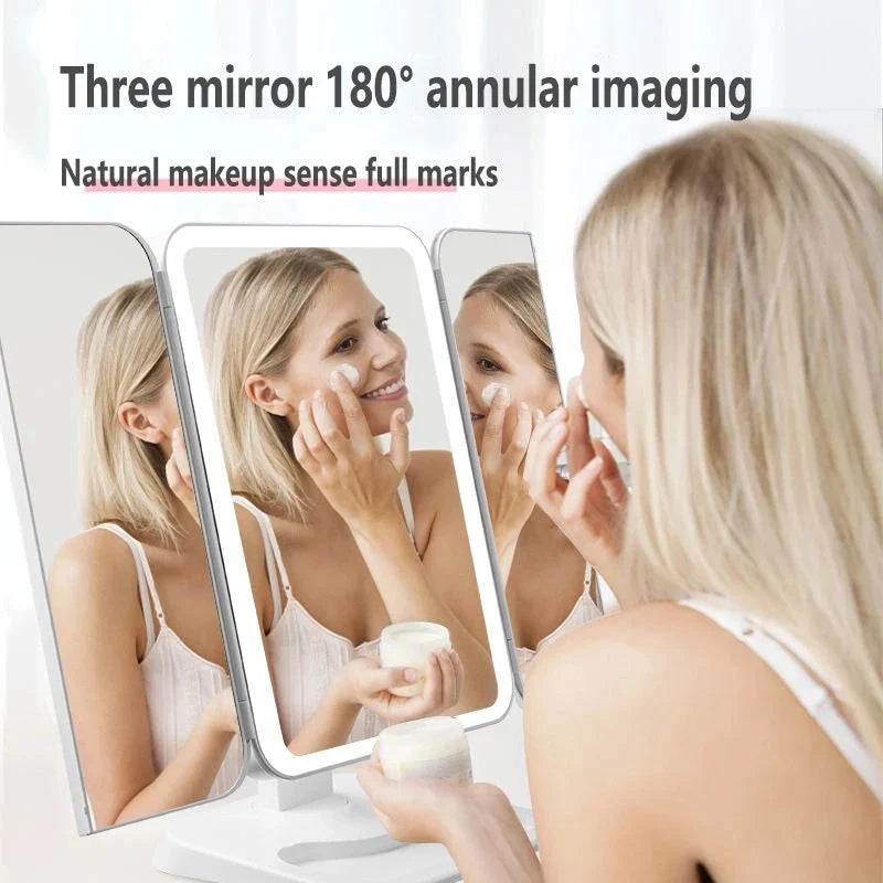 Trifold makeup mirror with LED lighting and 10X magnification