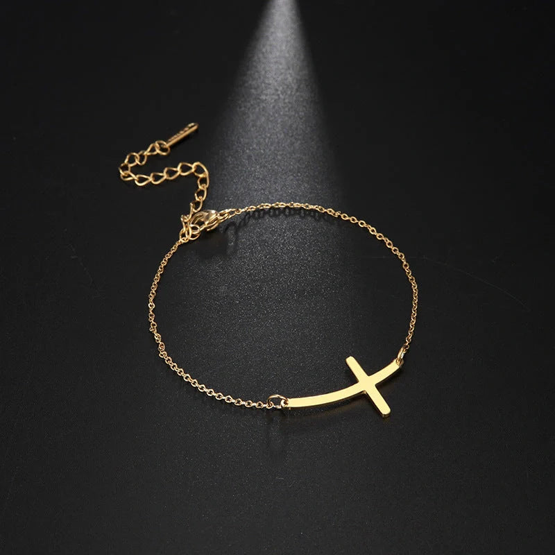 Elegant cross pendant stainless steel bracelet with adjustable chain