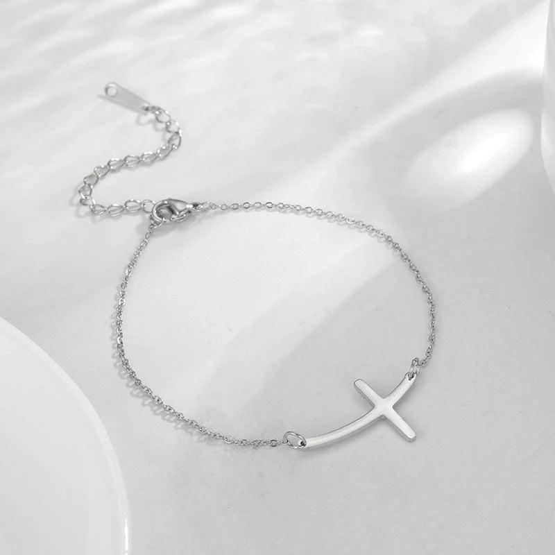 Elegant cross pendant stainless steel bracelet with adjustable chain