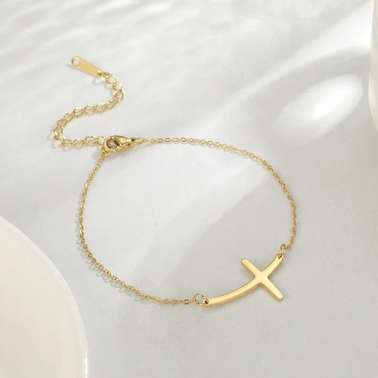 Elegant cross pendant stainless steel bracelet with adjustable chain