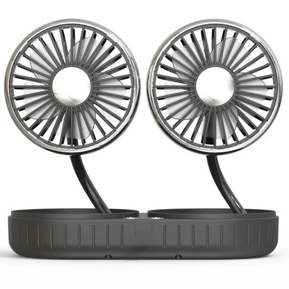 Dual-Head USB Car Fan with silicone hose, multi-angle rotation, and compact design for cooling comfort in vehicles and offices