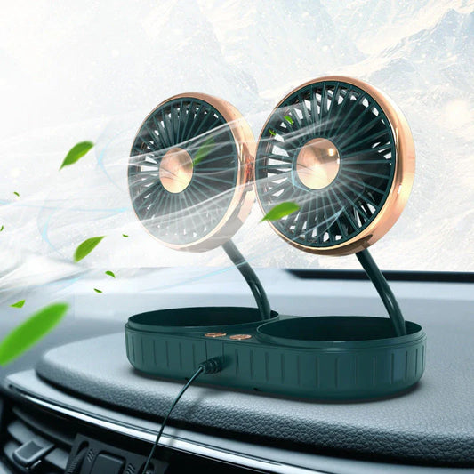 Dual-Head USB Car Fan with silicone hose, multi-angle rotation, and compact design for cooling comfort in vehicles and offices