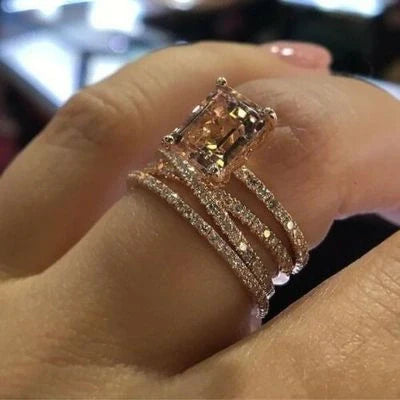Rose gold cubic zirconia wedding ring with unique geometric design