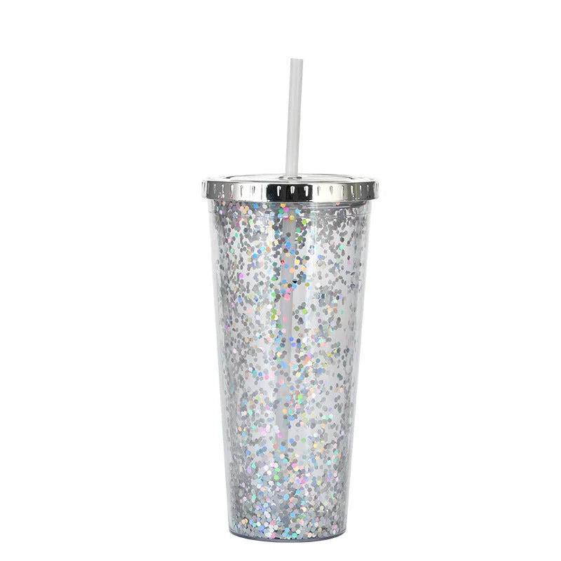 Double-layer sequins cold cup with straw and lid, 601-700ml capacity