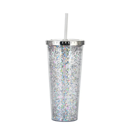 Double-layer sequins cold cup with straw and lid, 601-700ml capacity