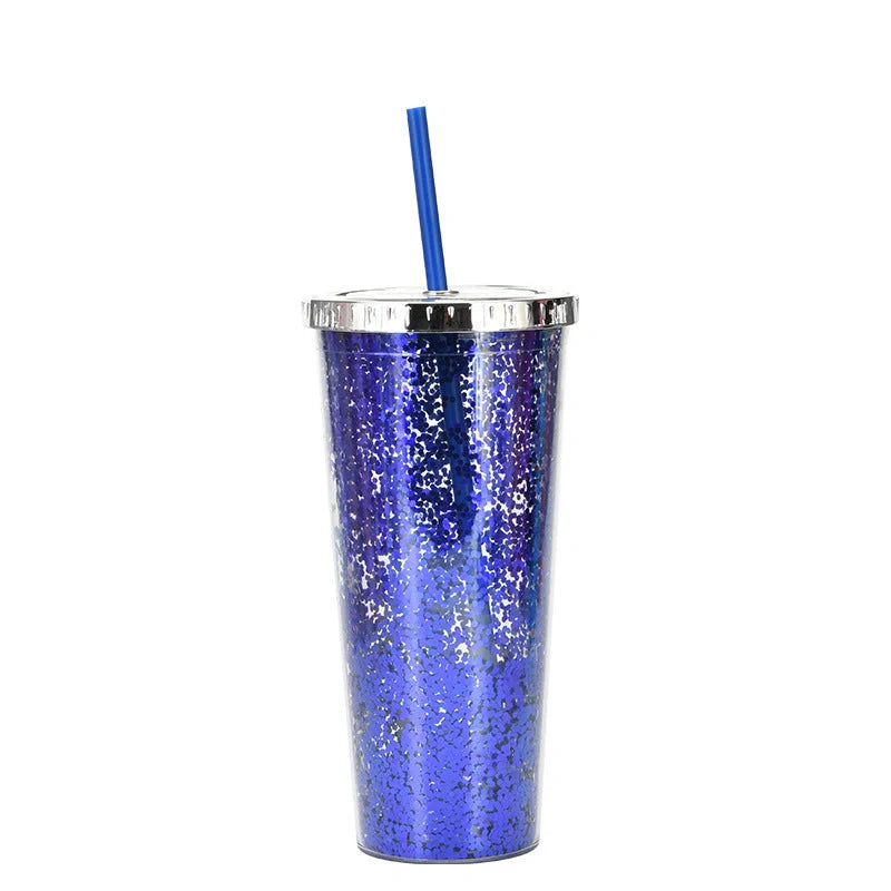 Double-layer sequins cold cup with straw and lid, 601-700ml capacity