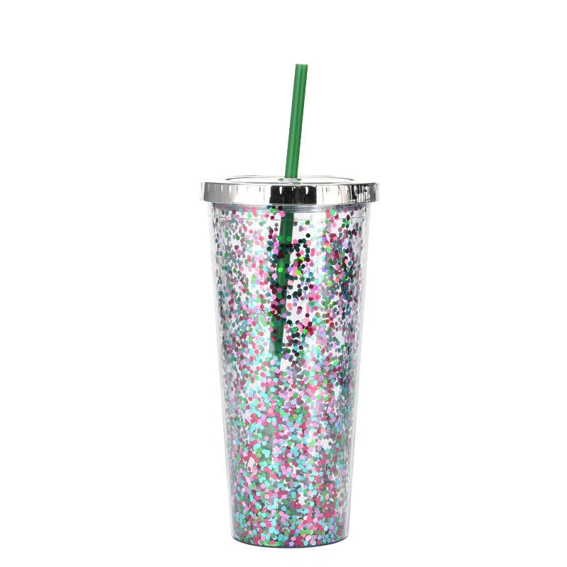 Double-layer sequins cold cup with straw and lid, 601-700ml capacity
