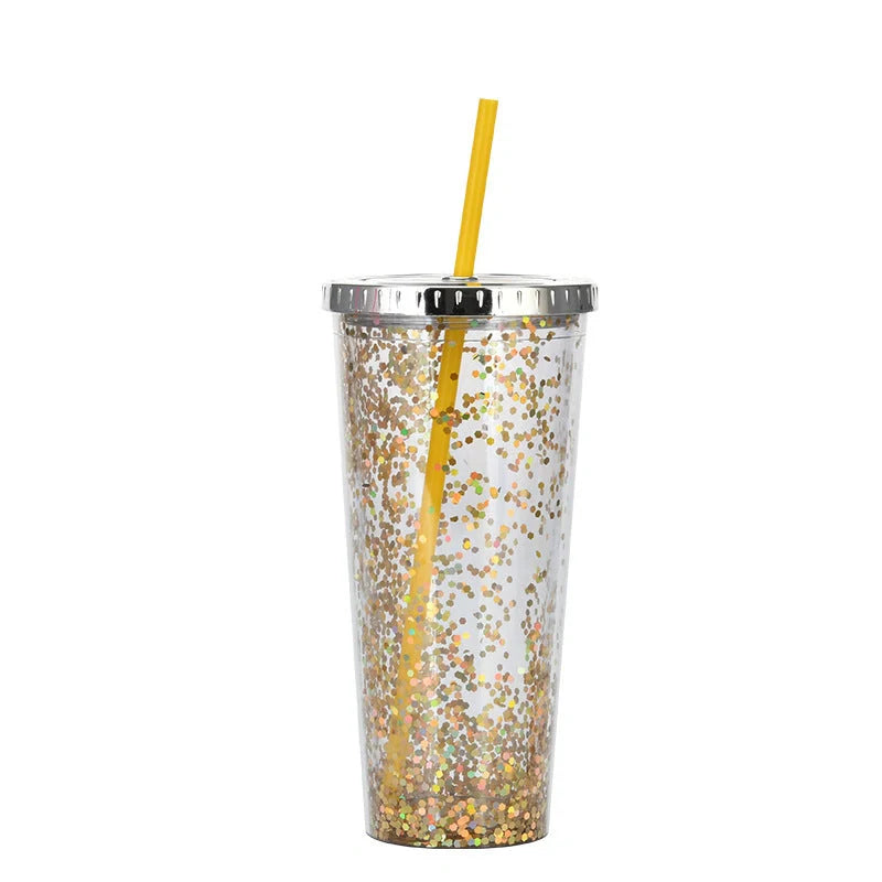 Double-layer sequins cold cup with straw and lid, 601-700ml capacity