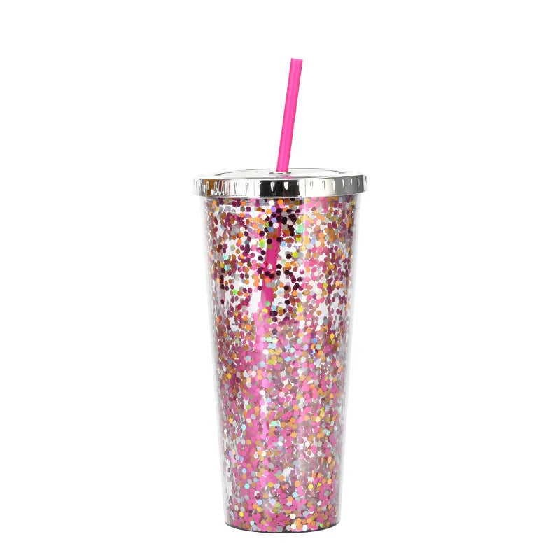 Double-layer sequins cold cup with straw and lid, 601-700ml capacity