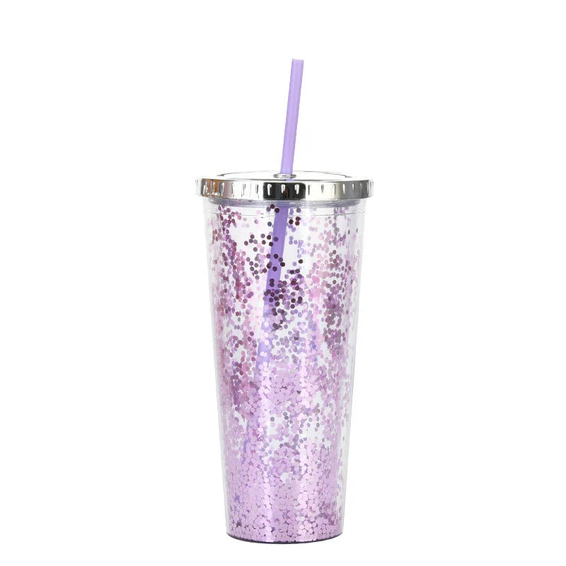 Double-layer sequins cold cup with straw and lid, 601-700ml capacity