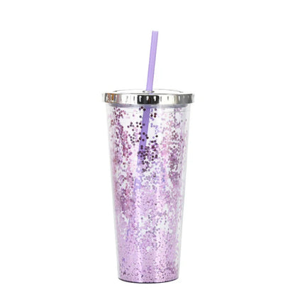 Double-layer sequins cold cup with straw and lid, 601-700ml capacity