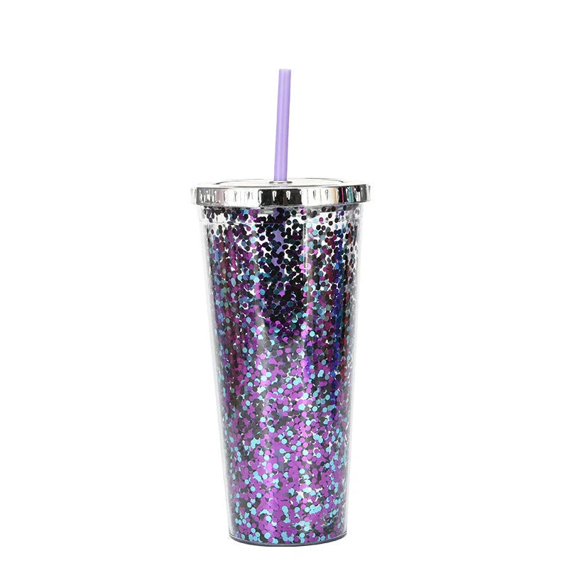 Double-layer sequins cold cup with straw and lid, 601-700ml capacity