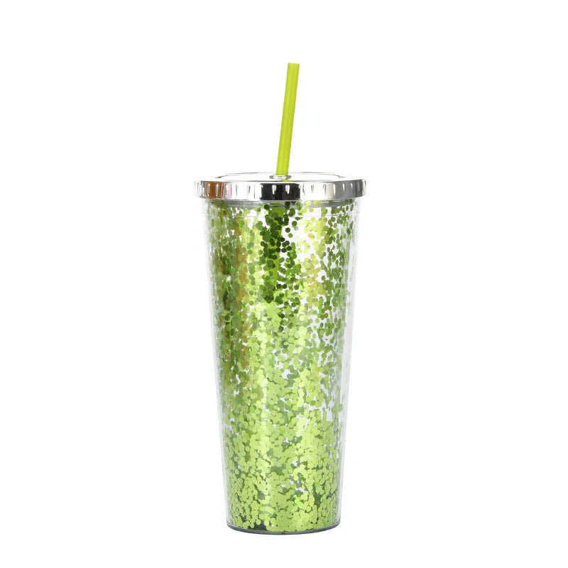 Double-layer sequins cold cup with straw and lid, 601-700ml capacity