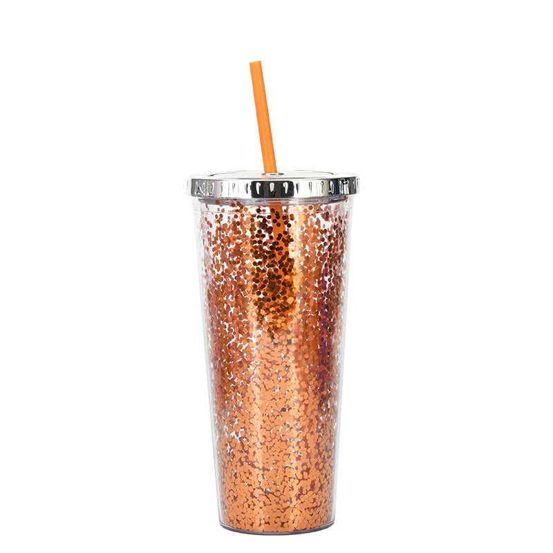 Double-layer sequins cold cup with straw and lid, 601-700ml capacity
