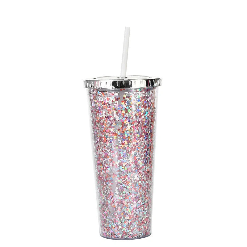 Double-layer sequins cold cup with straw and lid, 601-700ml capacity
