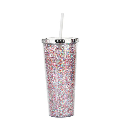 Double-layer sequins cold cup with straw and lid, 601-700ml capacity