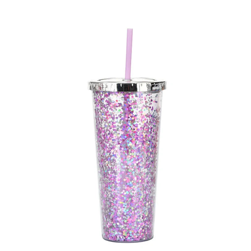 Double-layer sequins cold cup with straw and lid, 601-700ml capacity