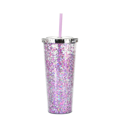 Double-layer sequins cold cup with straw and lid, 601-700ml capacity