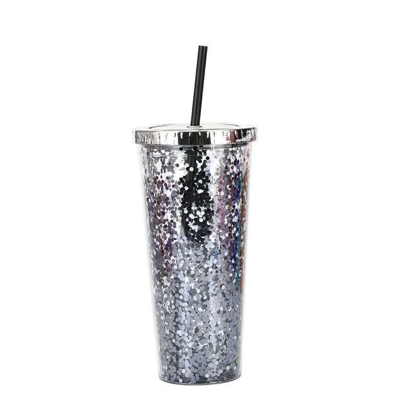 Double-layer sequins cold cup with straw and lid, 601-700ml capacity