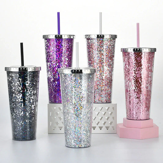 Double-layer sequins cold cup with straw and lid, 601-700ml capacity