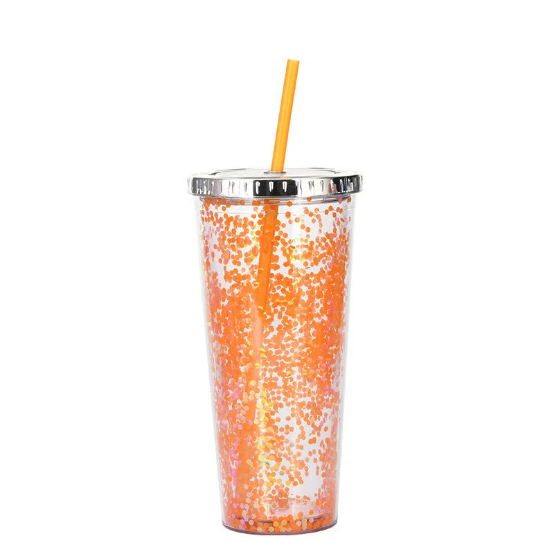 Double-layer sequins cold cup with straw and lid, 601-700ml capacity