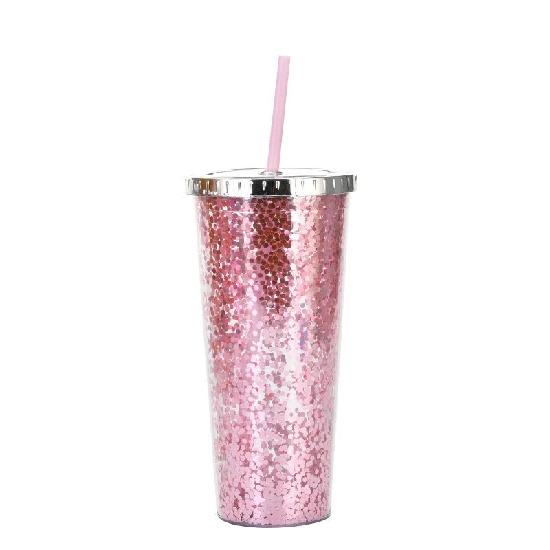 Double-layer sequins cold cup with straw and lid, 601-700ml capacity