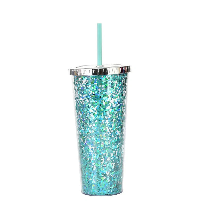Double-layer sequins cold cup with straw and lid, 601-700ml capacity