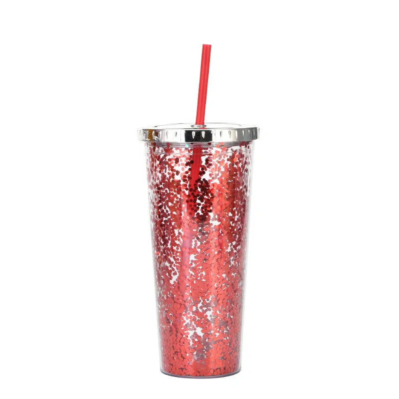 Double-layer sequins cold cup with straw and lid, 601-700ml capacity