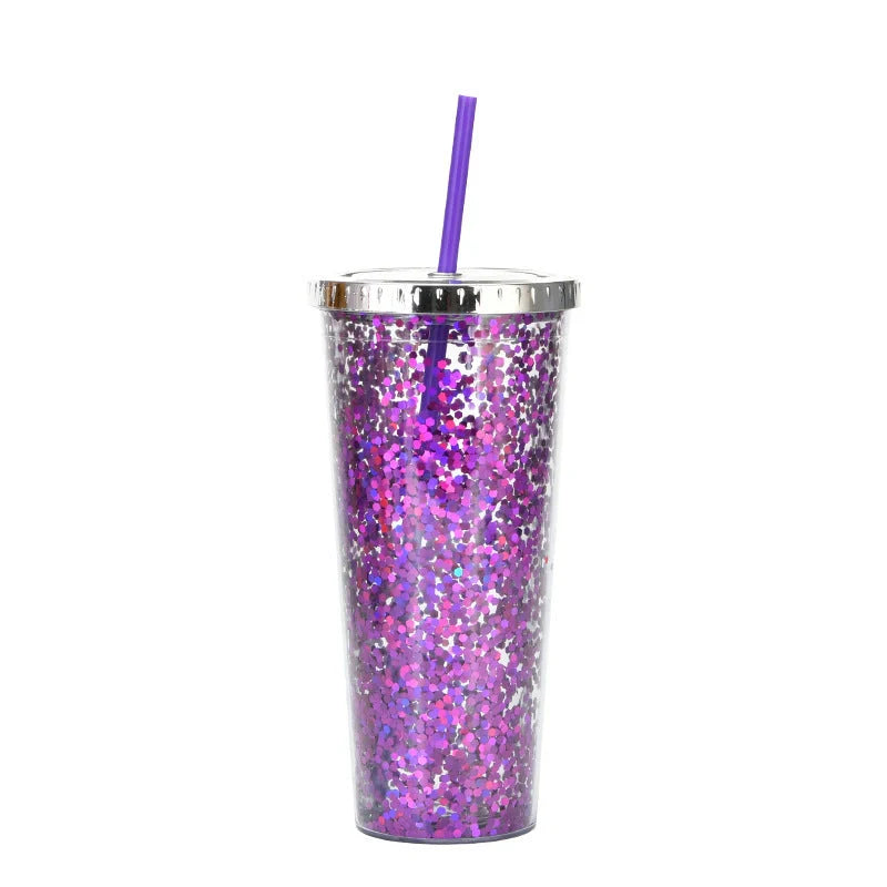 Double-layer sequins cold cup with straw and lid, 601-700ml capacity