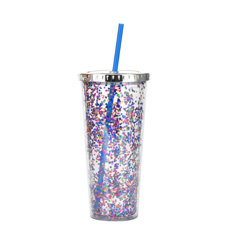 Double-layer sequins cold cup with straw and lid, 601-700ml capacity