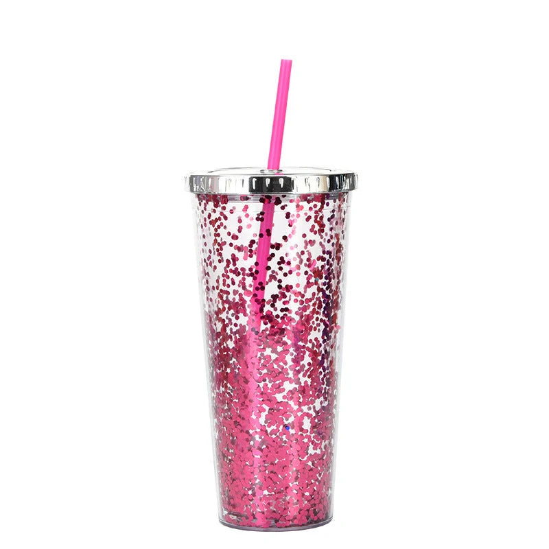Double-layer sequins cold cup with straw and lid, 601-700ml capacity