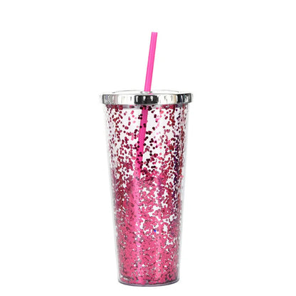 Double-layer sequins cold cup with straw and lid, 601-700ml capacity