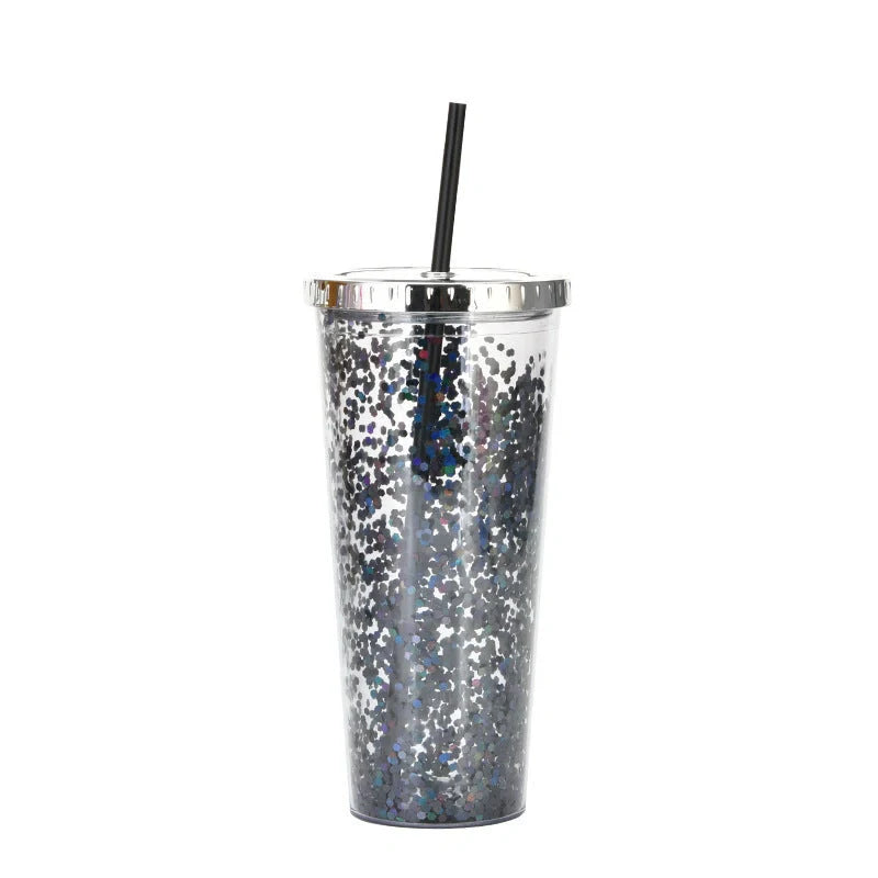Double-layer sequins cold cup with straw and lid, 601-700ml capacity