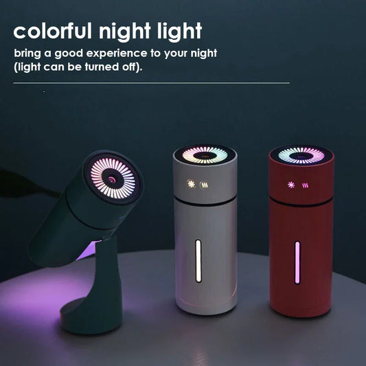 Compact USB-powered humidifier with adjustable mist, night light, and dual spray modes for desks and cars