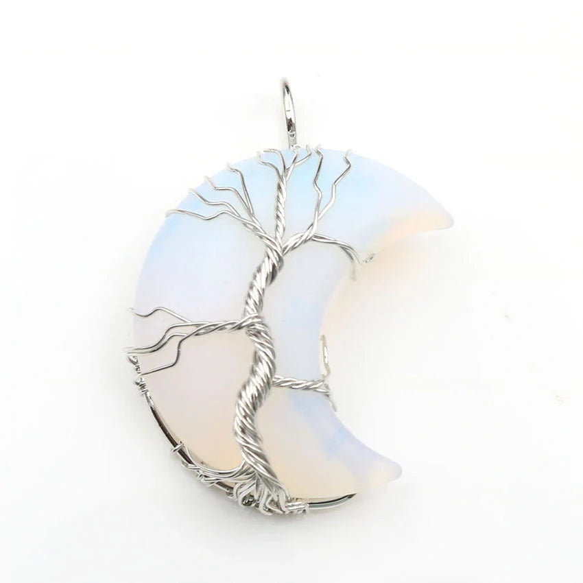 Handmade Moon Natural Crystal Stone Tree of Life Pendant Necklace in various colours