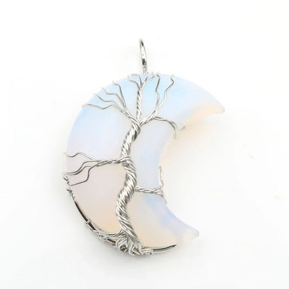 Handmade Moon Natural Crystal Stone Tree of Life Pendant Necklace in various colours