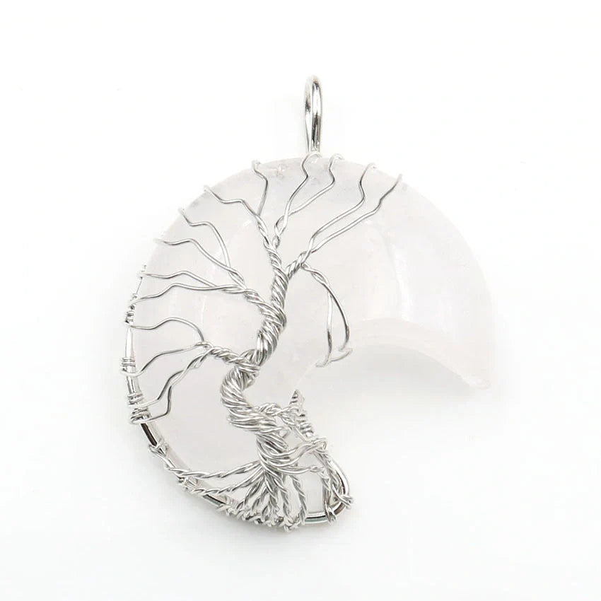 Handmade Moon Natural Crystal Stone Tree of Life Pendant Necklace in various colours