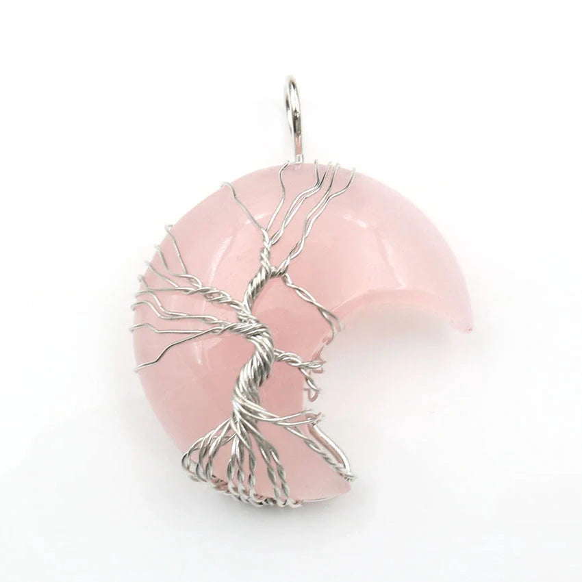 Handmade Moon Natural Crystal Stone Tree of Life Pendant Necklace in various colours