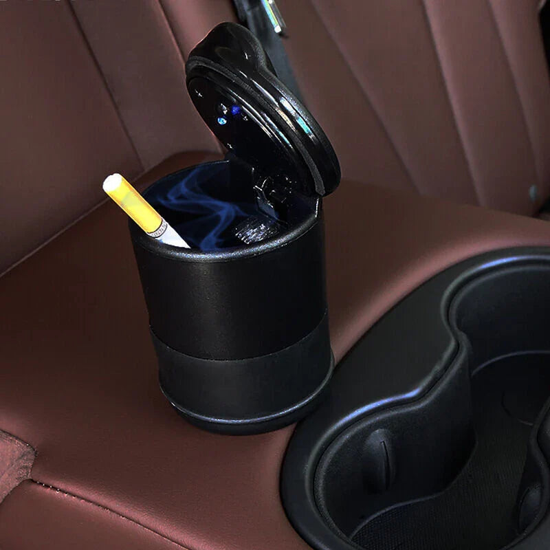 Rechargeable car ashtray with solar-powered LED light and detachable design for easy cleaning