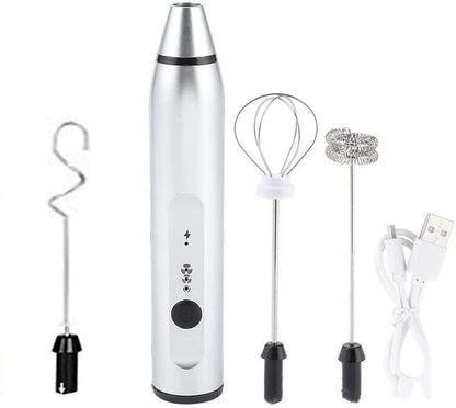 Rechargeable electric milk frother, foam maker, whisk, blender, and egg beater in various colours
