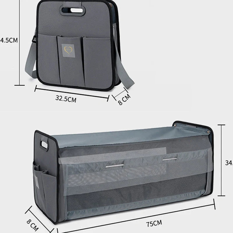 Portable shoulder folding bed baby nappy messenger bag in green, orange, black, and light grey