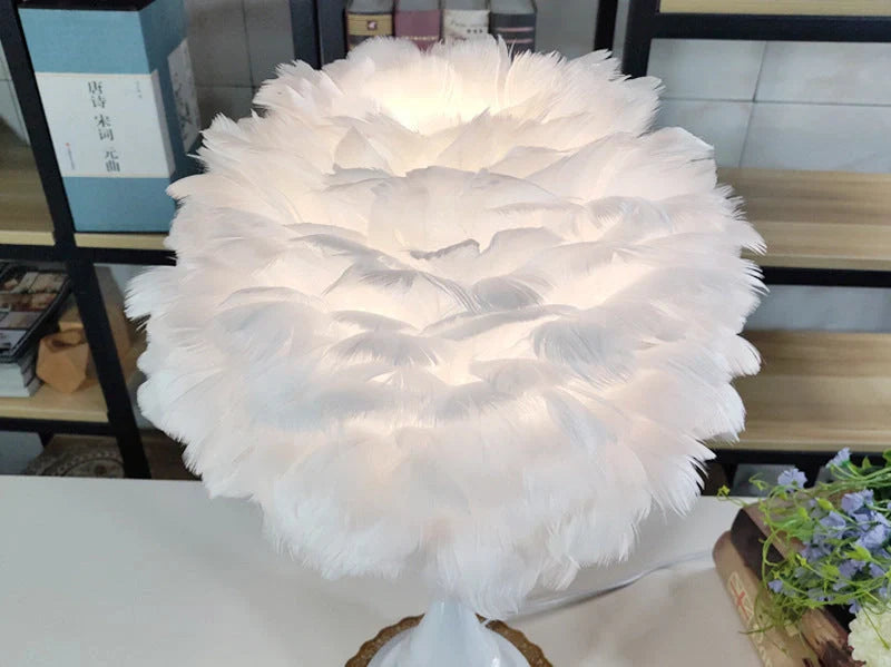 Adjustable touch dimming feather table lamp with natural white goose feather shade