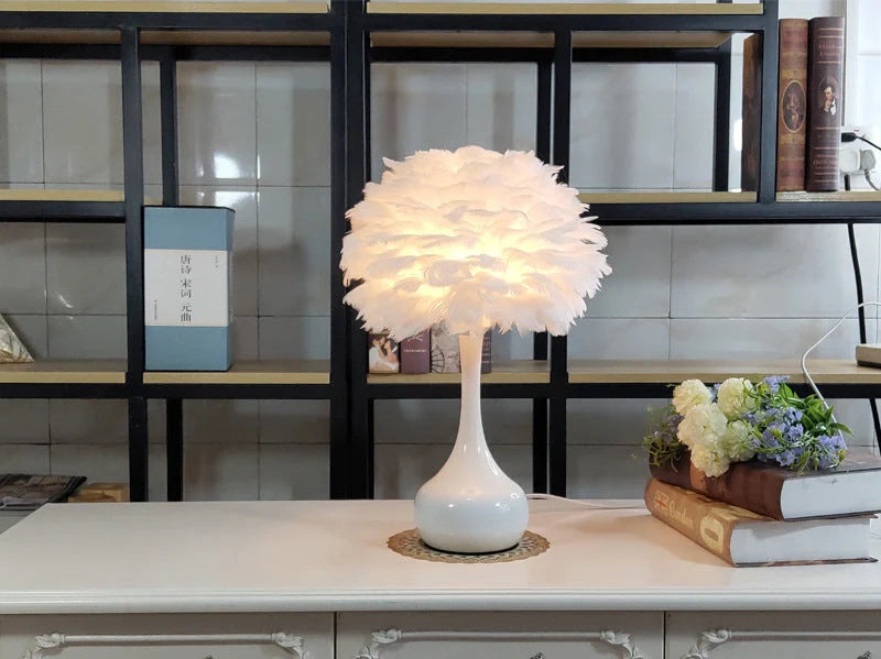 Adjustable touch dimming feather table lamp with natural white goose feather shade